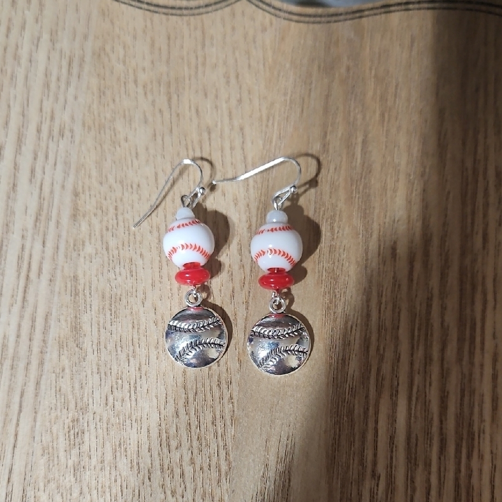 Baseball Themed Earrings with Red and Silver Accents